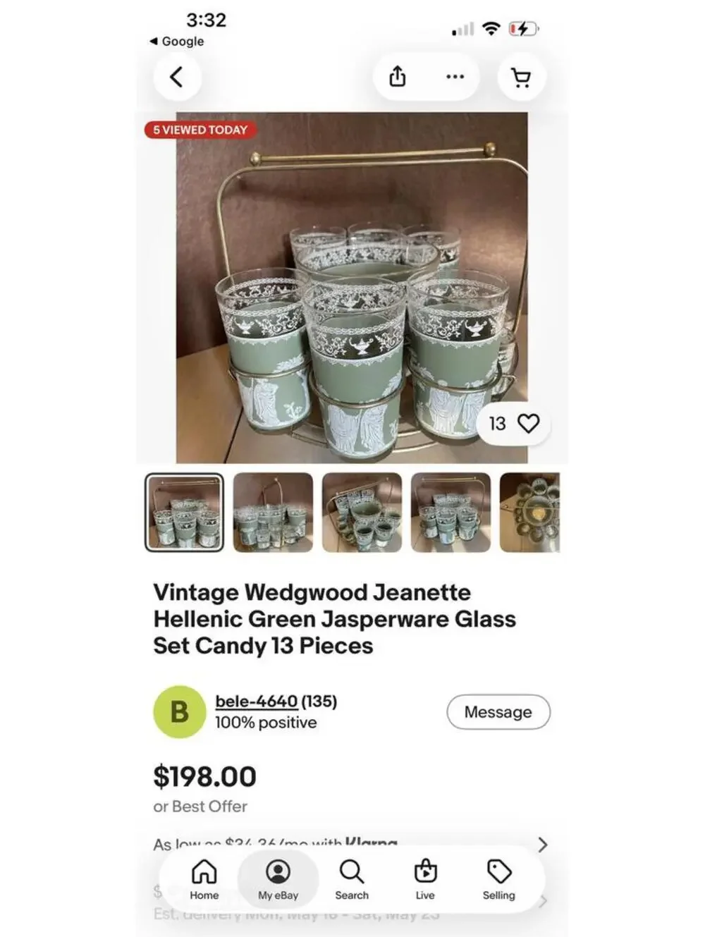 VTG Jeanette Wedgwood Hellenic Grecian Green Roman ice bucket and other glasses